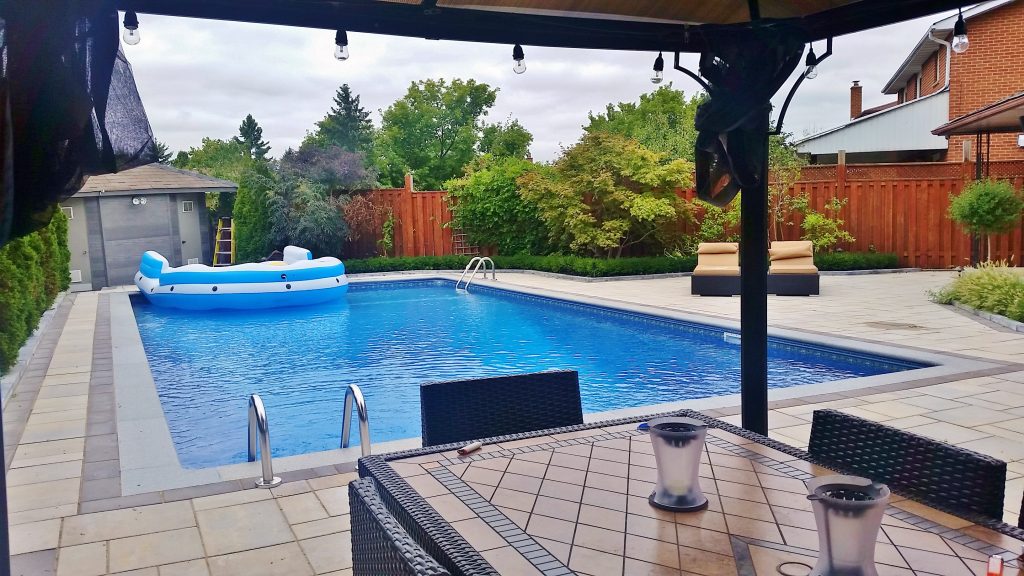 rectangular modern pool and gazebo