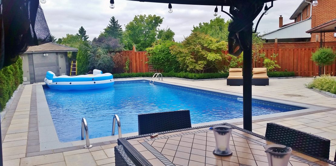 rectangular modern pool and gazebo