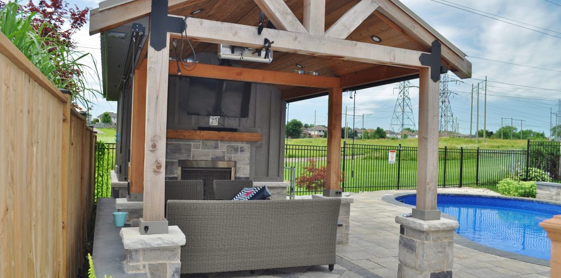 Cozy and functional pool cabana with storage, TV and bar. It doesn't have to be too large to accommodate outdoor furniture.