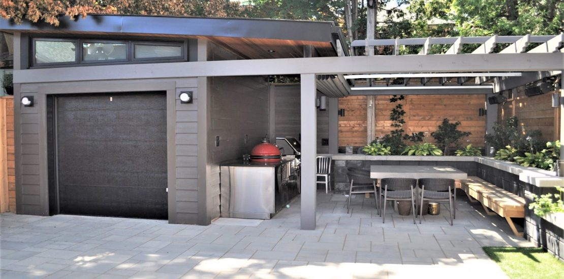 Garage to gazebo transformation with outdoor kitchen