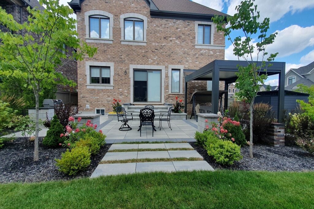 louvered pergola and outdoor dining patio