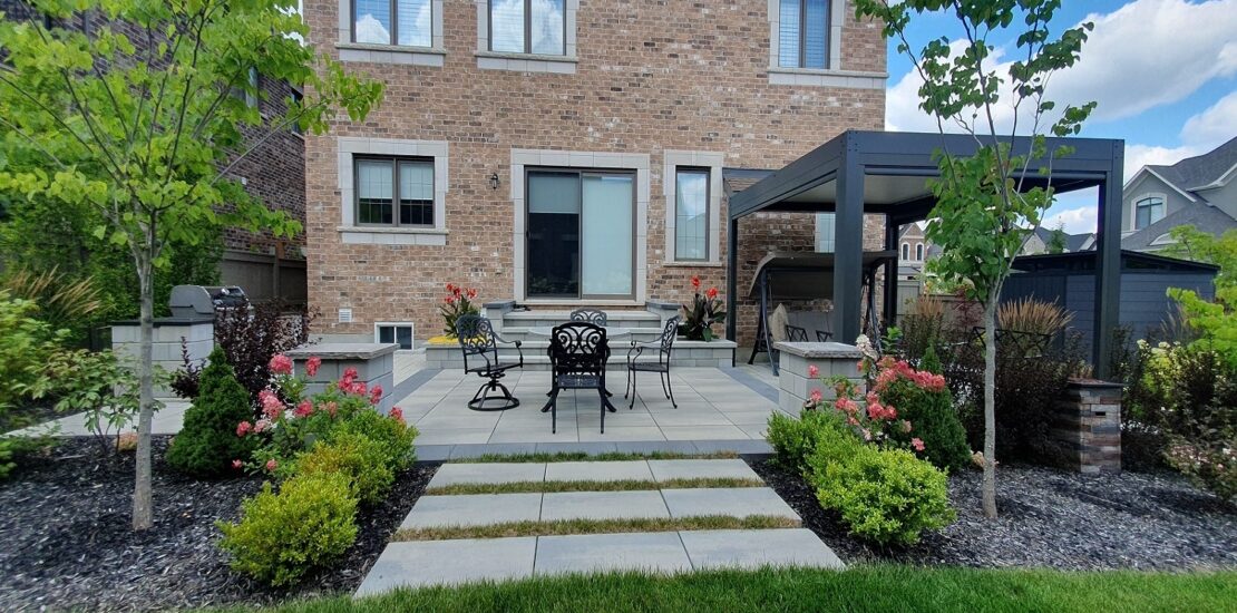 louvered pergola and outdoor dining patio